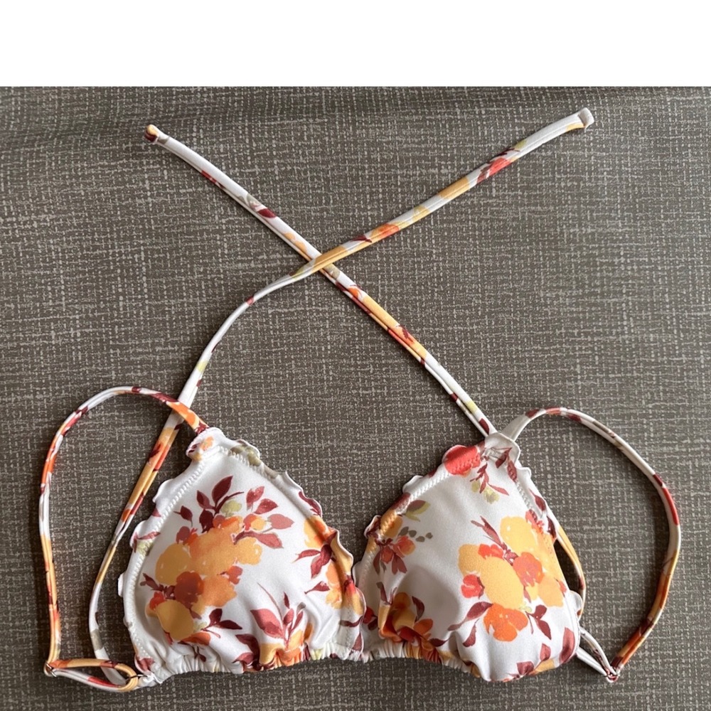 Abercrombie & Fitch Floral Ruffle Triangle Bikini Top Orange Yellow White L